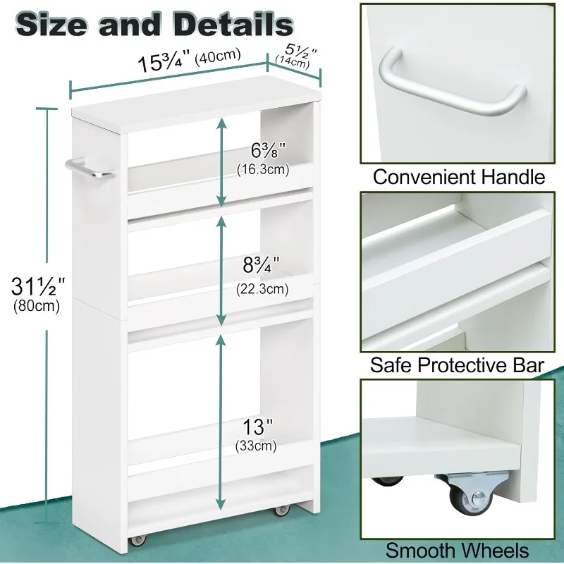 White Slim Storage Cart with Wheels, 4 Tier Rolling Utility Cart with Handle Slide Out Shelving Unit Organizer Trolley for