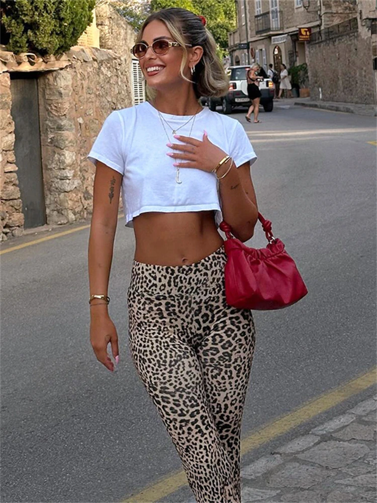 Y2K Leopard Printed Flare Pants Women's American Fashion Sexy High Waist Fold Over Slim Trousers Fashion Streetwear