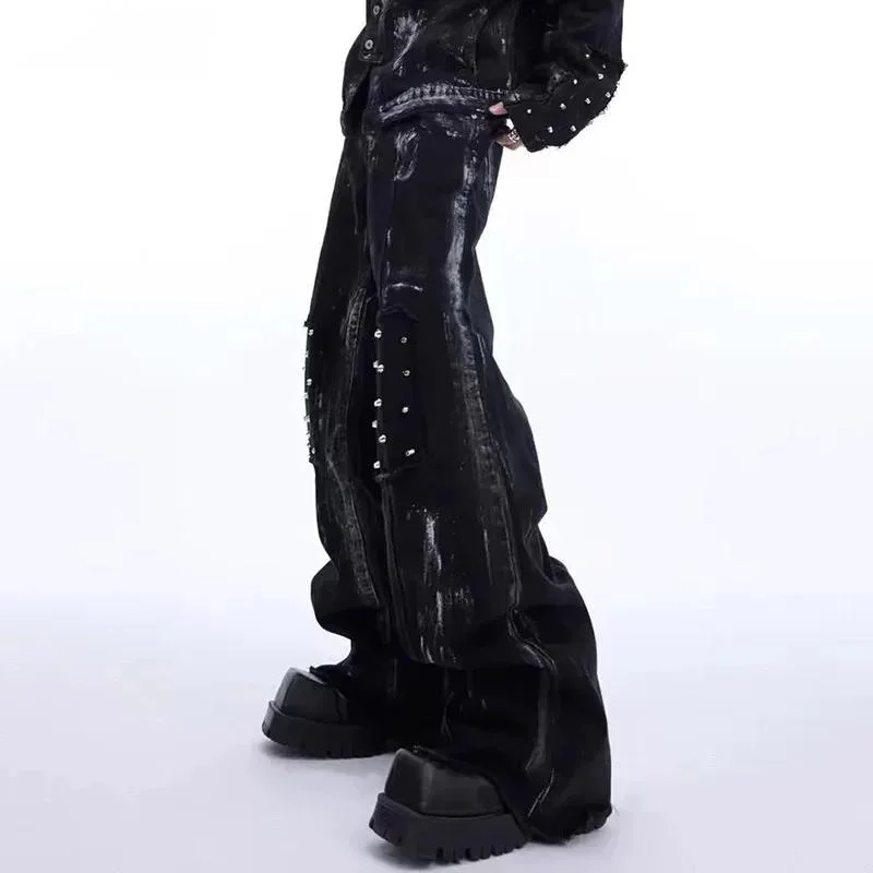 Niche Deconstructed Metal Rivet Design Loose Straight Jeans Men's Vintage Flared Pants 2026 Spring New Trousers VFGT6