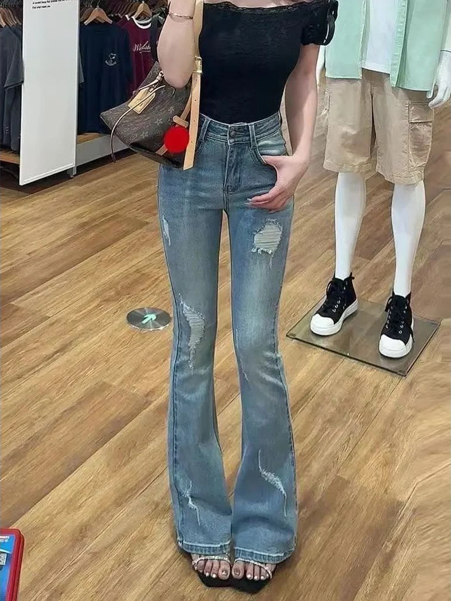 Stylish Bell Bottom Denim Jeans Women's High Waist Tear Micro Flared Jeans Slimming Versatile Floor Length Pants Autumn New A...