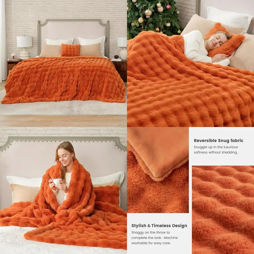 

King Size Faux Fur Blanket, Plush & Thick, Burnt Orange for Fall, Sofa & Bed, 108x90