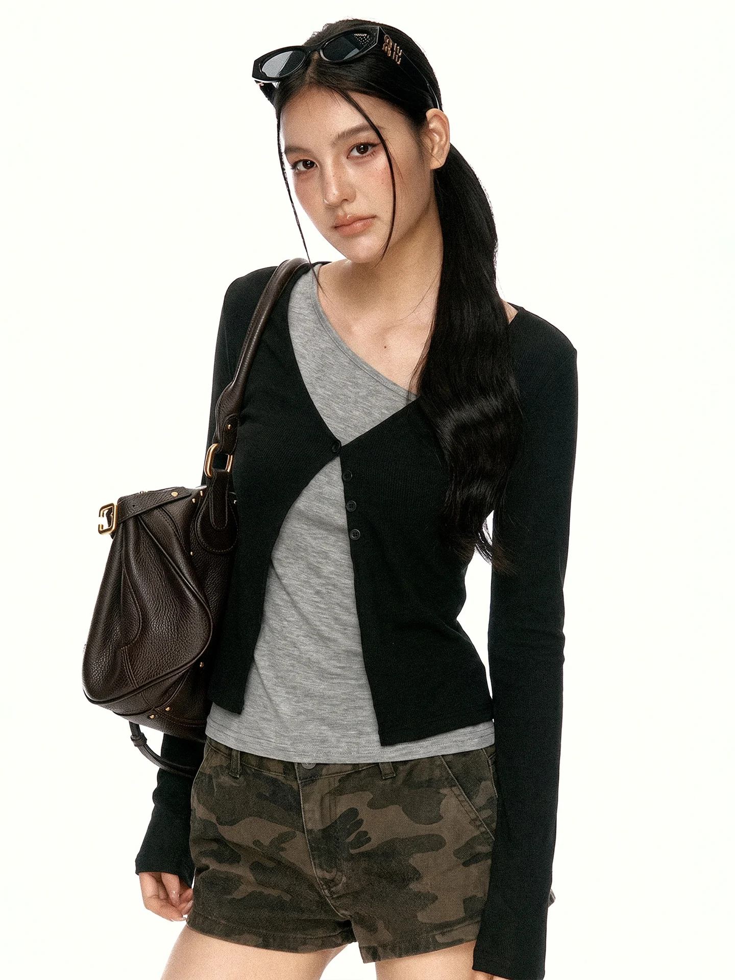 Aaisup Korean Style Color Block Long Sleeve T-Shirt Women's Spring Autumn Design Layering Slim Fit Base Top round Neck