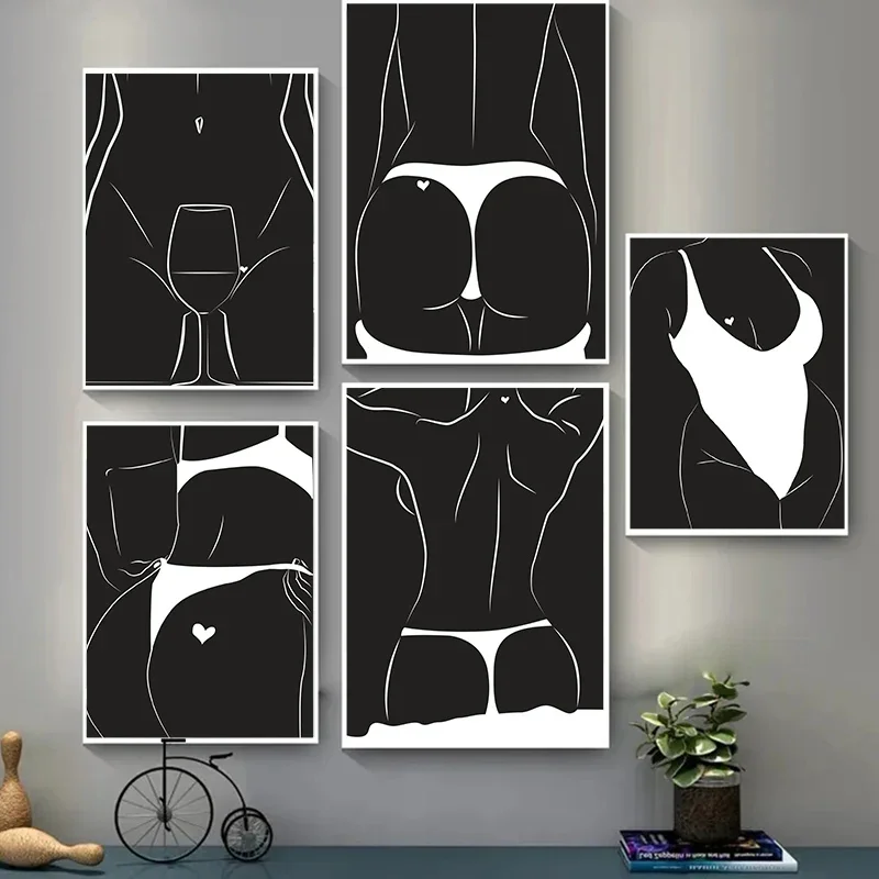 Retro Black and White Sexy Woman Canvas Poster Nude Girls with Bikini Print Painting Picture for Living Room Bedroom Decoration