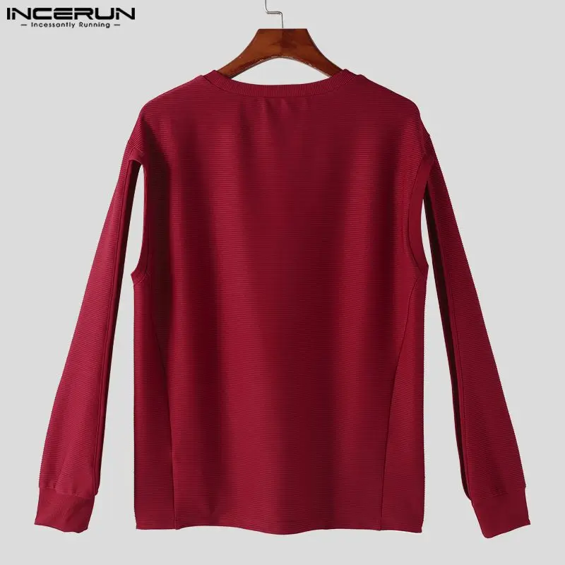 INCERUN Tops 2024 Korean Style Men\'s O-neck Hollow Sleeve Design T-shirts Casual Well Fitting Solid Long Sleeved Camiseta S-5XL