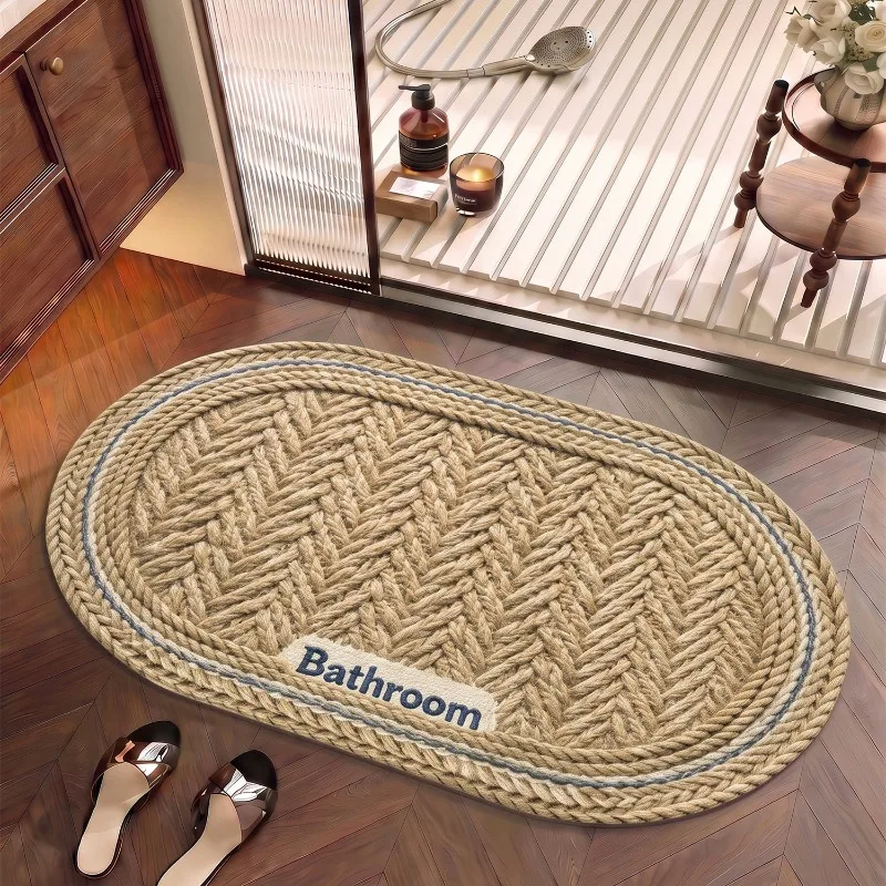 Vintage Fresh Style Linen Bath Mat Water‑Absorbent Quick‑Dry Non‑Slip Rug Durable Shower Room Doormat Oval Woven Floor Mat