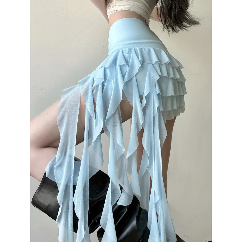 

Edgy Coquette Mini Skirt - Asymmetrical Tiered Hem with Sheer Mesh Panels, French Style