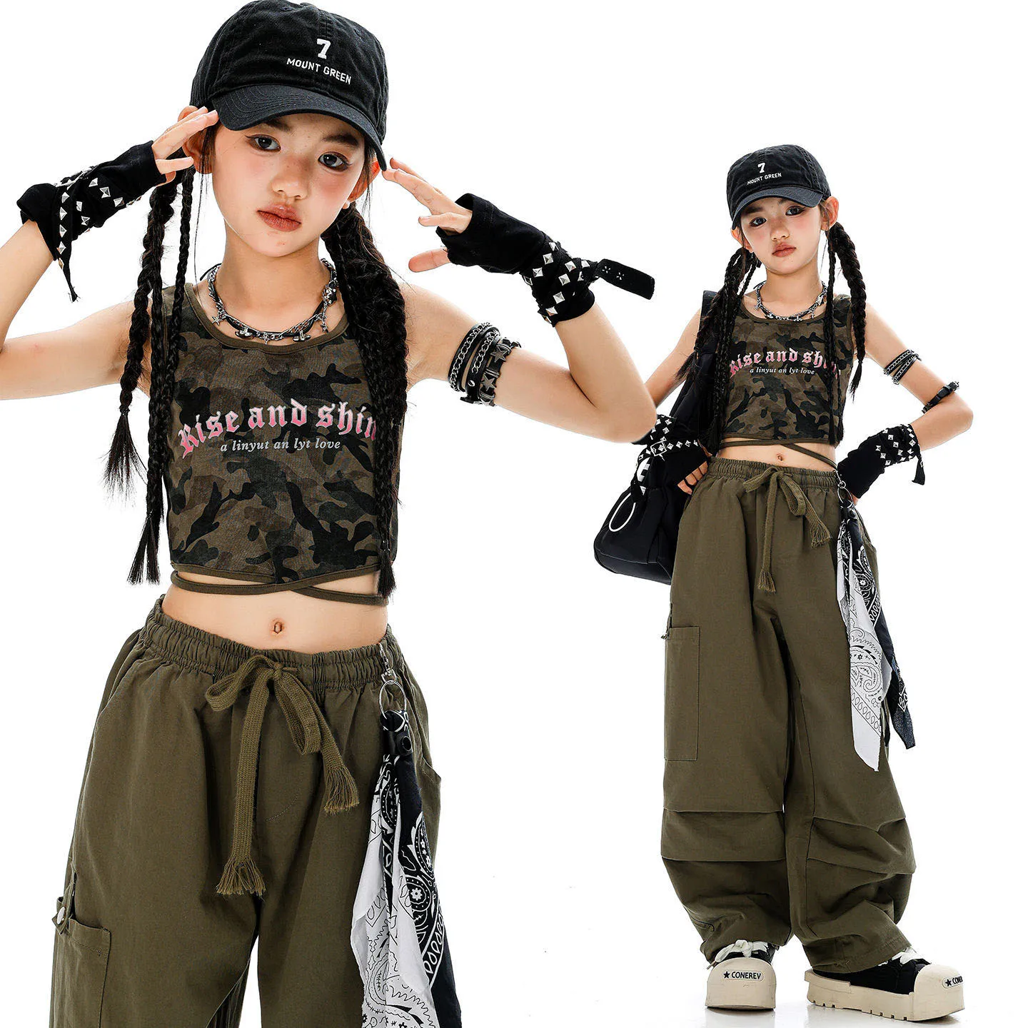 

Kid Kpop Hip Hop Clothing Camo Lace up Crop Tank Top Army Green Casual Parachute Cargo Pants for Girl Jazz Dance Costume Clothes