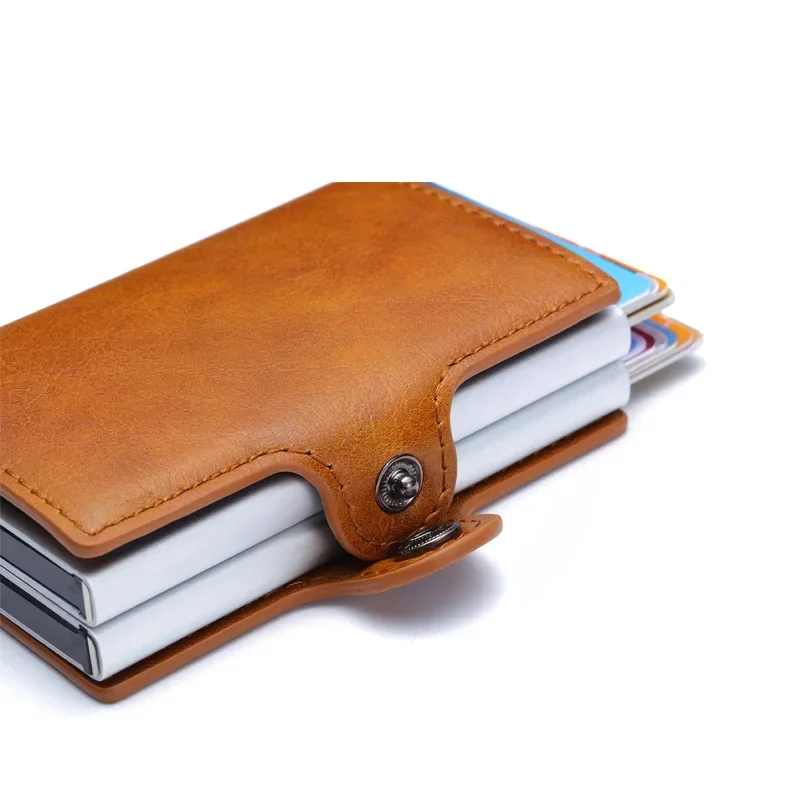 

Antitheft Men id Bank Credit Card Holder Double Rfid Blocking Wallet Leather Security Aluminum Box Metal Purse Cardholder Case