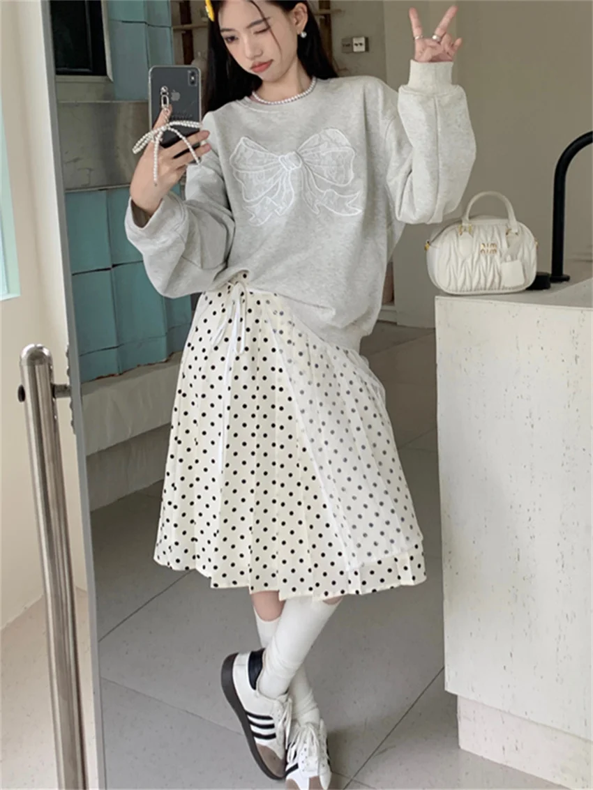 Alien Kitty Oversize Sweatshirts Women Grey Chic Casual New All Match 2024 Polka Dots Maxi Skirts Daily Office Lady Spring