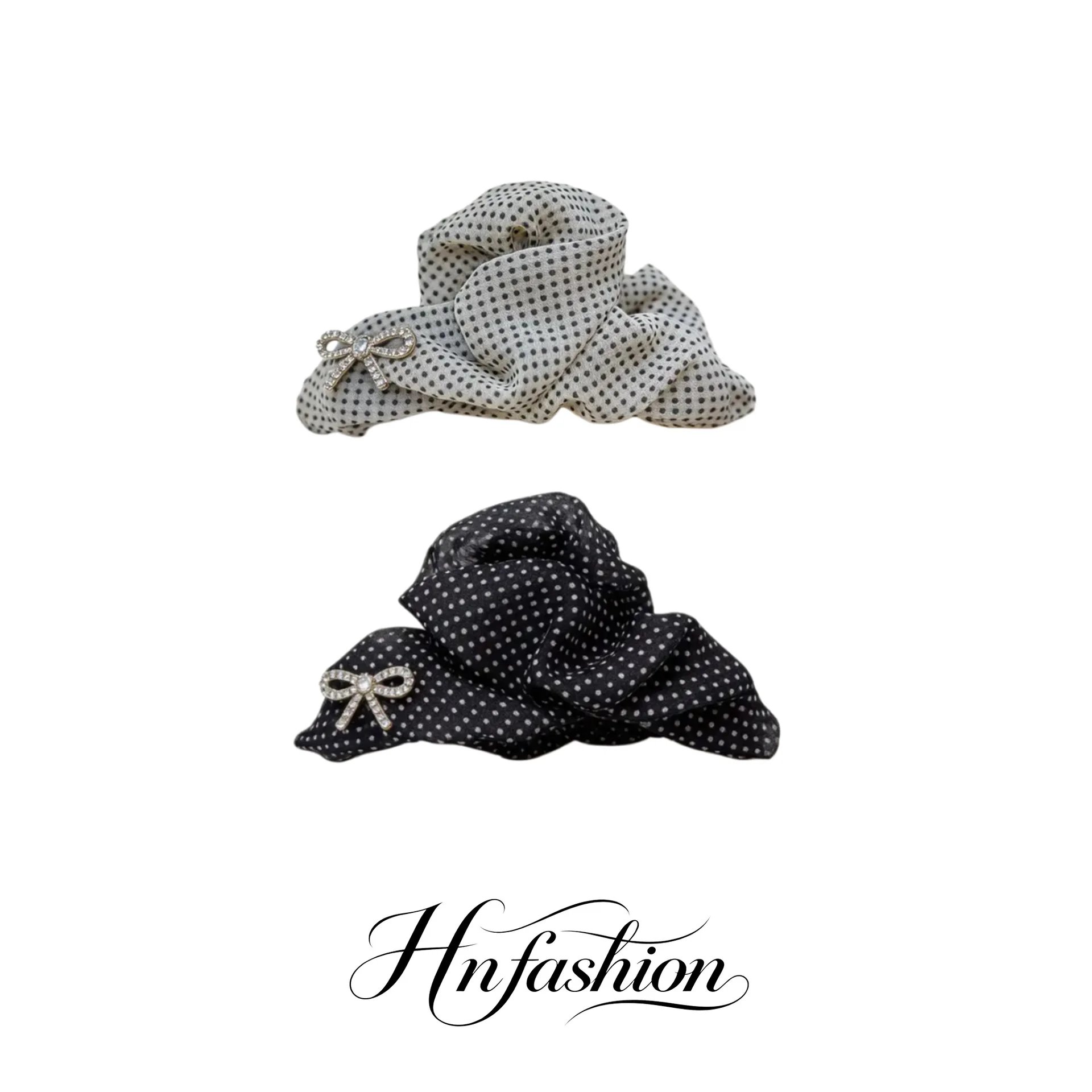 Vintage Polka Dot Fabric Hair Clips With Rhinestone Bow Decor Elegant Soft Hair Barrettes For Women Ponytail Holders Daily Wear