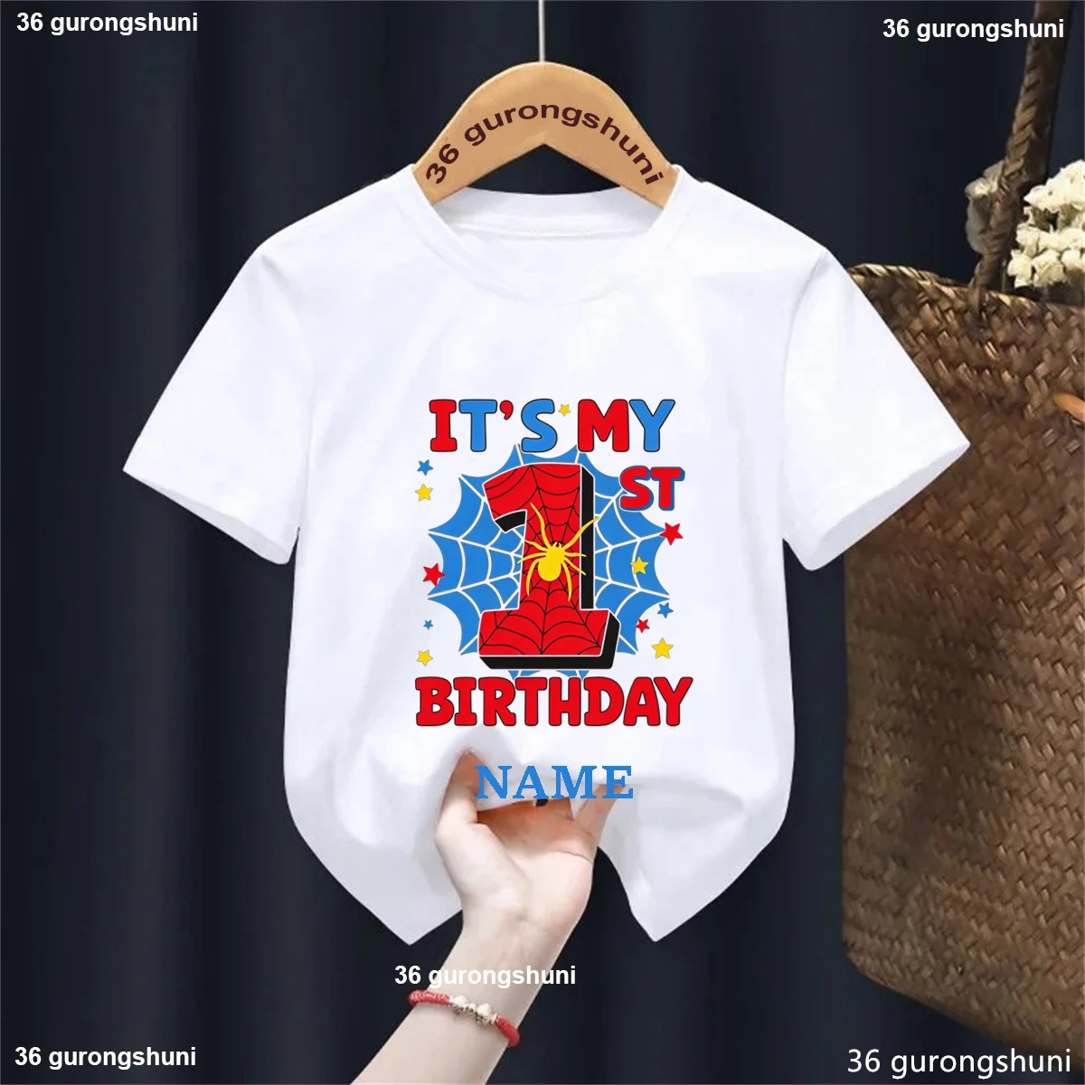 Personalized Spider Number 1-9 Boy Birthday T-Shirt, Custom Name Kids Birthday Party Short Sleeve Tshirt Childrens Birthday Gift