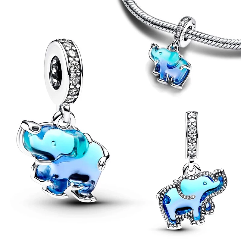 925 Silver Charms Fits Charm Pandora 925 Original Bracelet Necklace Womens Blue Elephant Dangle Charm DIY Fine Jewelry Gift Hot