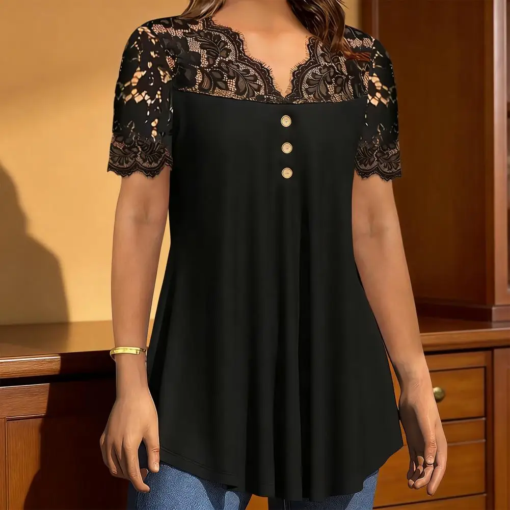 

Lace Embroidered Shirt Women Lace Blouse Women’s V Neckline Lace Splicing Top Short Sleeve Pullover Blous Loose Hem Luster Shirt