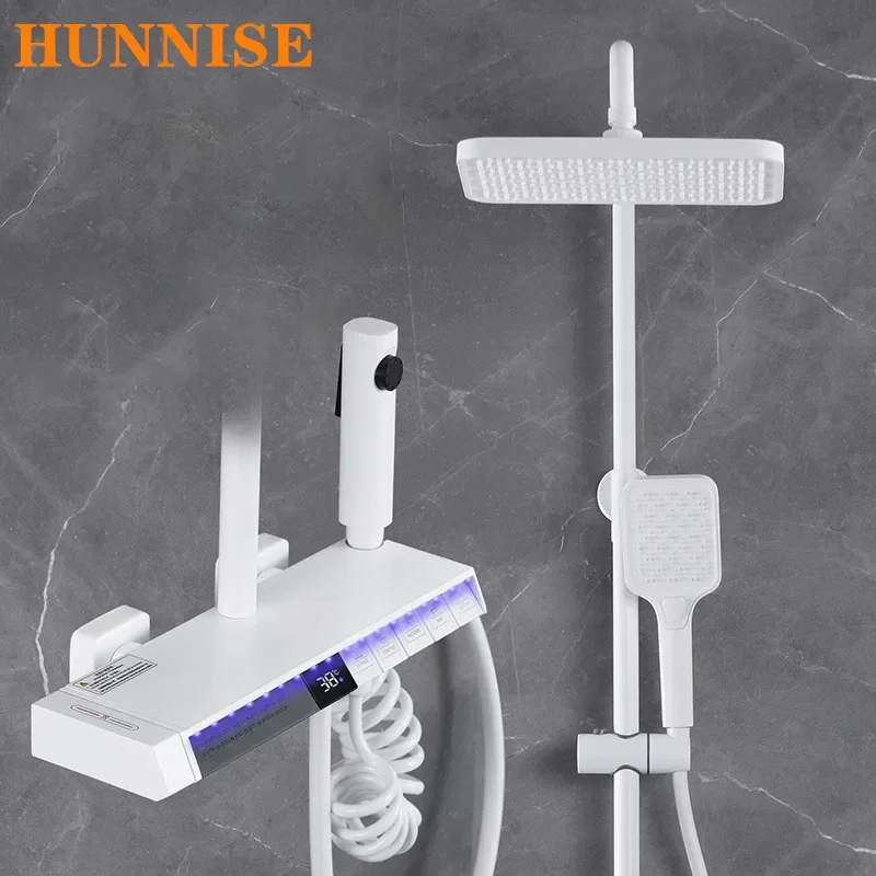 

Белый светодиодный пианино, цифровой душевой набор с водопадом, смеситель для ванной комнаты, смеситель для горячей и холодной ванны, термостатическая душевая система для фортепиано