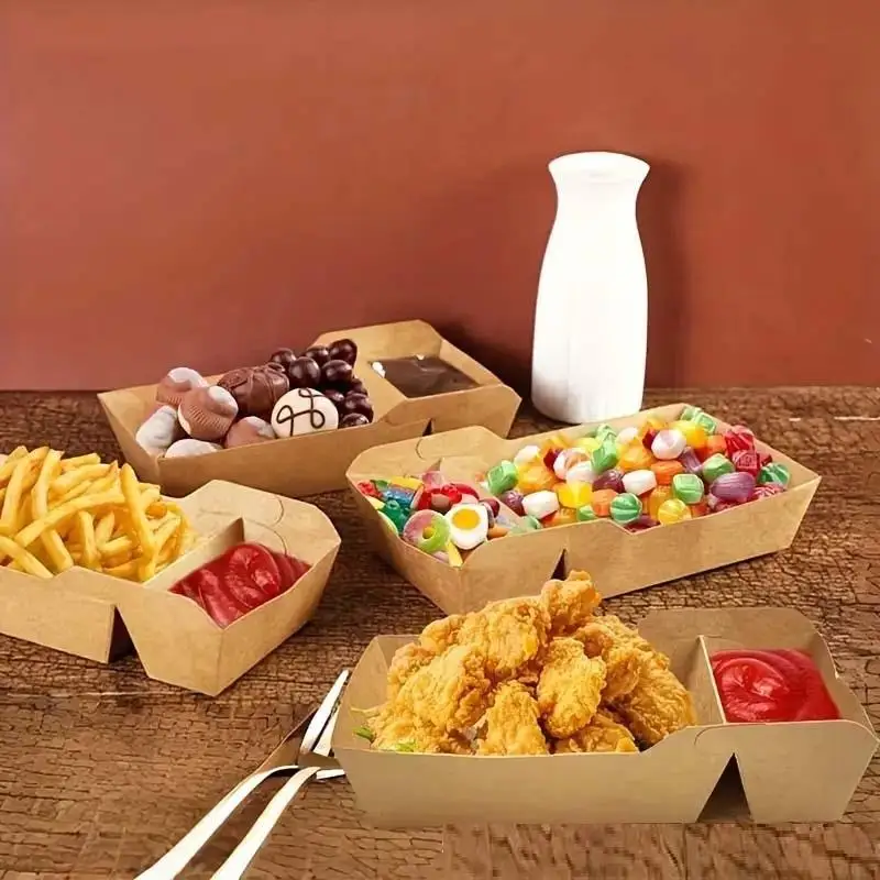 50pcs Disposable Kraft Paper Food Serving Tray Two Grids Snack French Fries Chicken Salad Carton Take Out Containers For Party