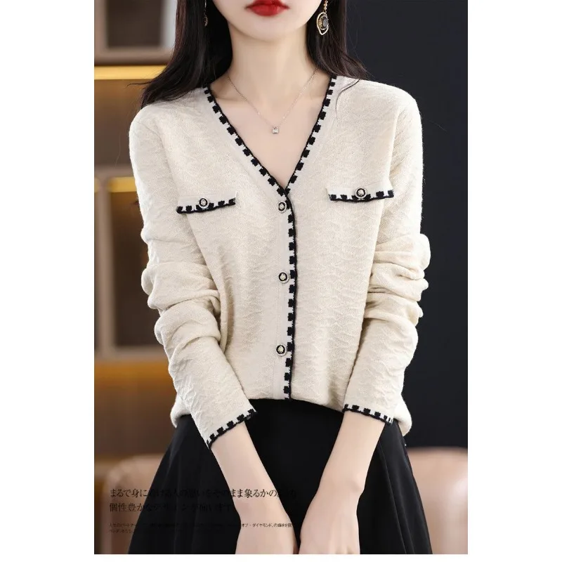 Chaqueta de punto de lana mercerizada para mujer, cárdigan nuevo de otoño, Top holgado con cuello en V, Top de manga larga con costuras contrastantes