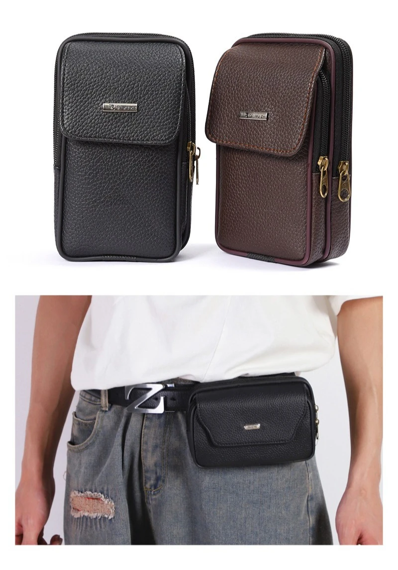 

pu leather belt waist bag men vertical mobile phone storage flip purse double zipper waist hanging storage wallet