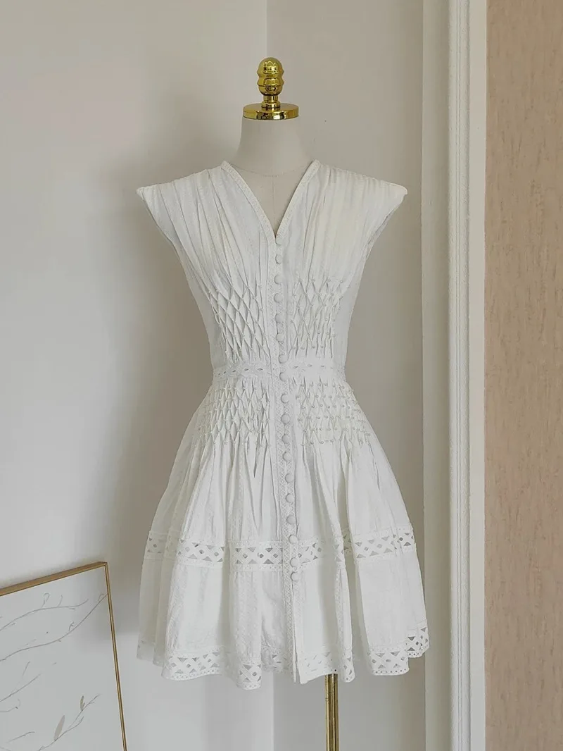 Elegante abito camicia bianca ricamata Donna 2025 Nuovo designer Chic Perline per l'industria pesante Scollo a V Abito da sole a vita alta Abito da donna