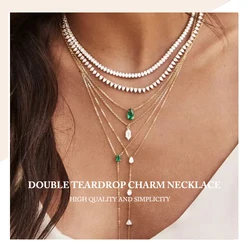 High Quality Simple Double Layer Tear Drop Charm Necklace With Green CZ Paved For Women Fashion Classic Clavicle Chain Jewelry