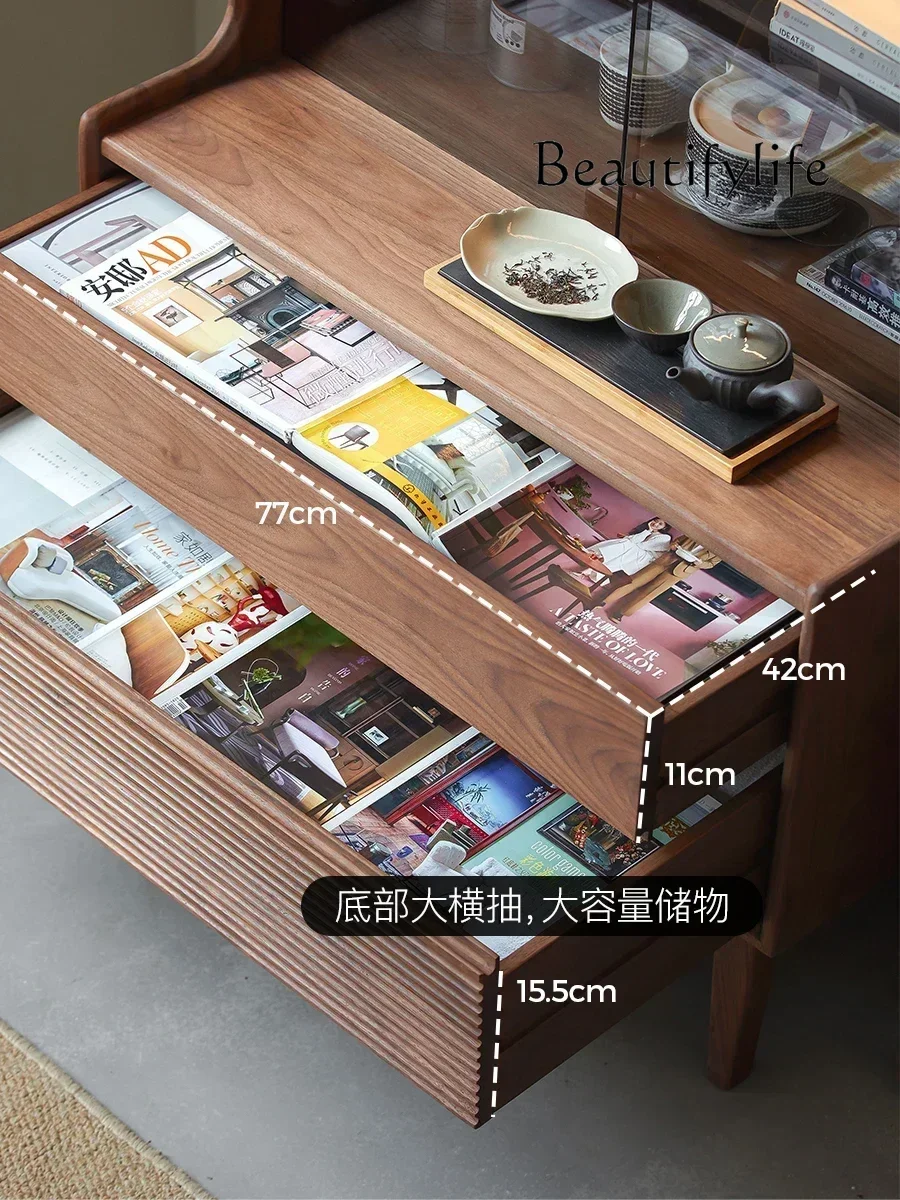 N Solid Wood Glass Door Dustproof Display Bookcase Black Walnut Vintage Living Room Dining Side Storage Cabinet