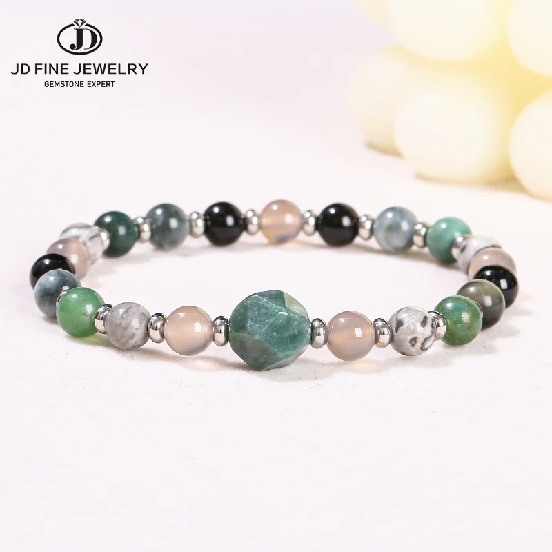 JD Natural Stone Moss Grass Agate Black Agate Map Jasper Bead Mixed Bracelet Women Men Trendy Energy Healing Handmade Bangles