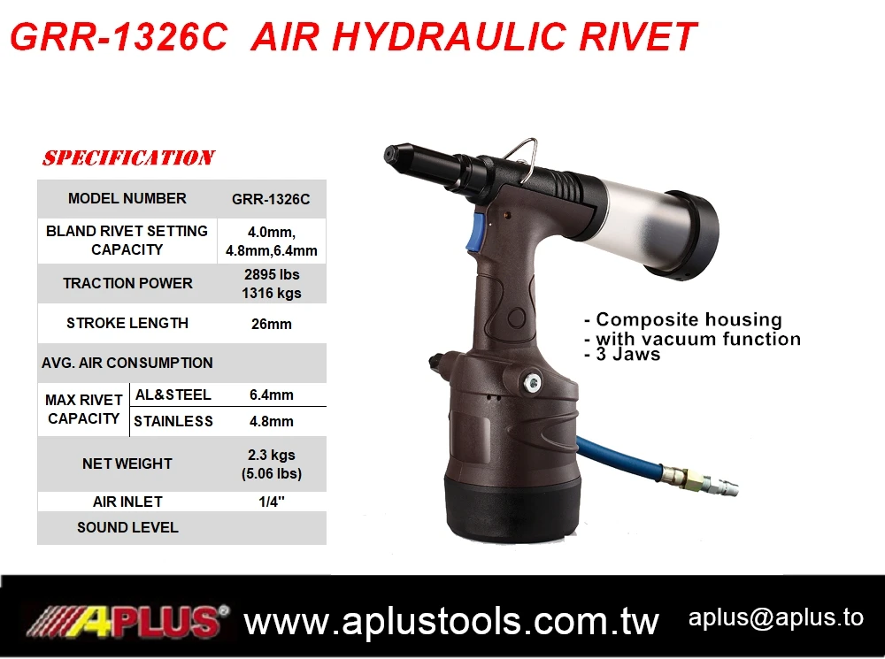 APLUS GRR-1326C air hydraulic rivet gun  composite housing 6.4mm blind rivet, traction 2895lbs, stroke length26mm,