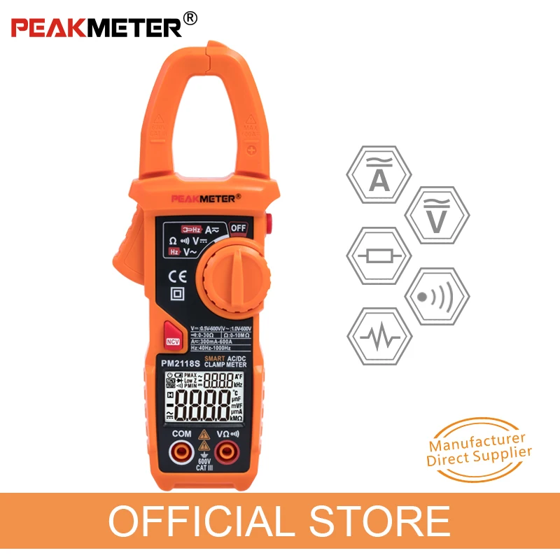 PEAKMETER PM2118S Clamp Meter Portable Smart Multimet AC / DC Digital Current Clamp Voltage Resistance Continuity Test With NCV