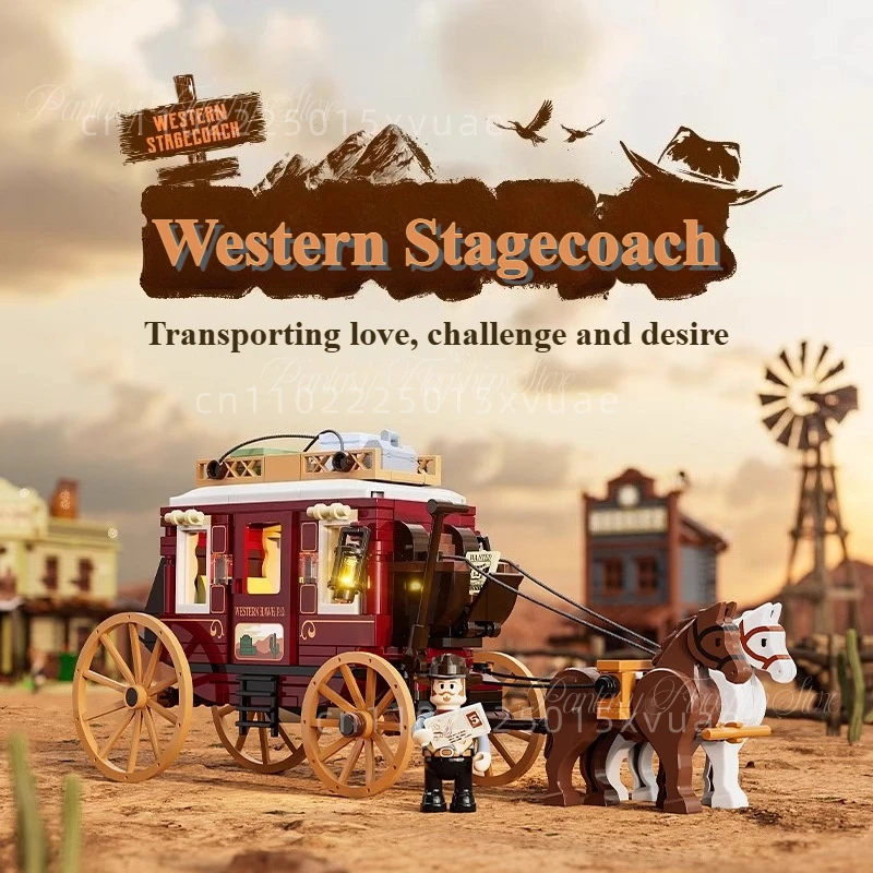 

New Western Stagecoach Building Blocks Retro Carriage Bricks Assemble Toy Model Desktop Decoration for Boys Christmas Gift