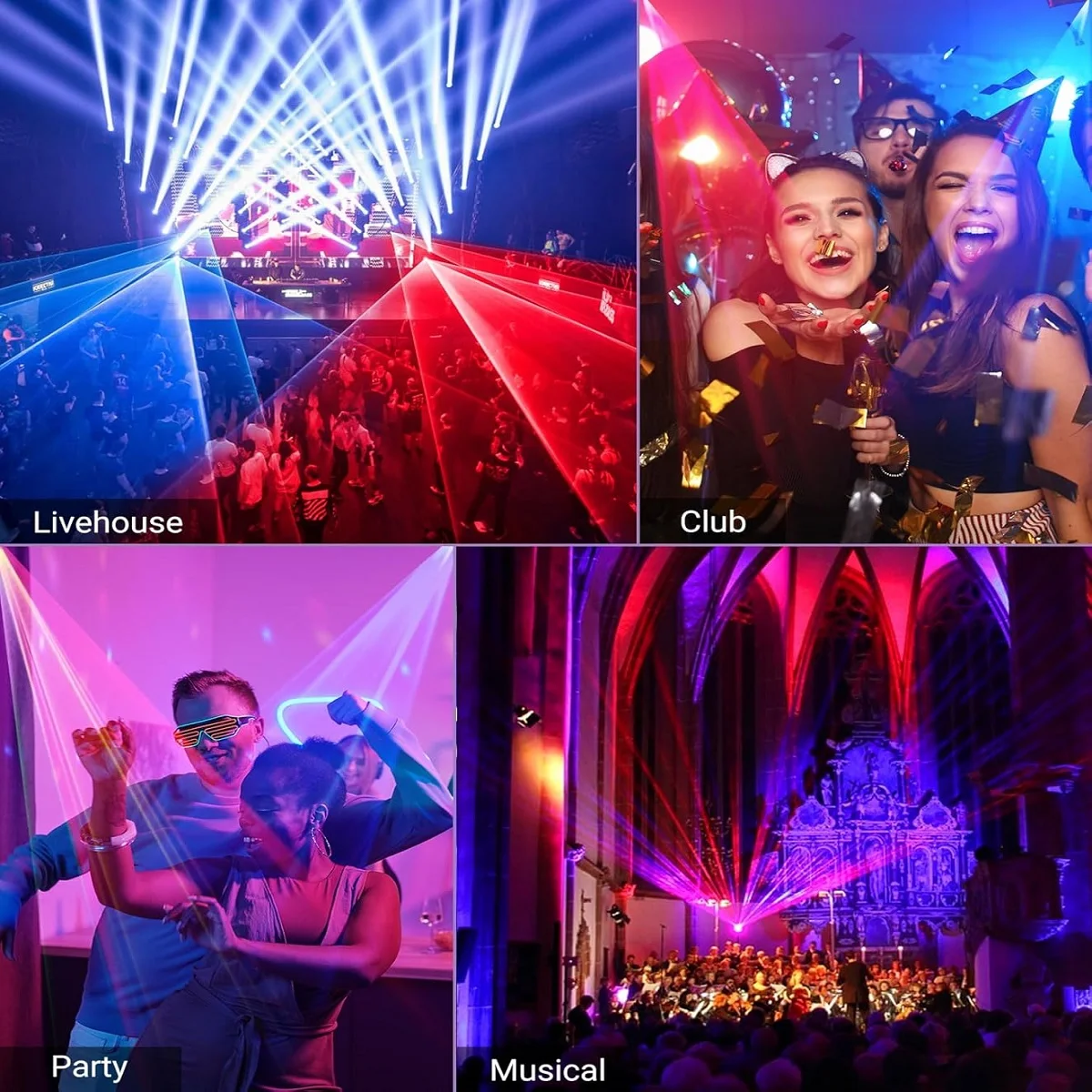 Party Lights, DJ Disco Light Beam Patterns, RGB Laser Projectors, Stroboscopic Lights, DMX512 Voice-Controlled Ambient Lights