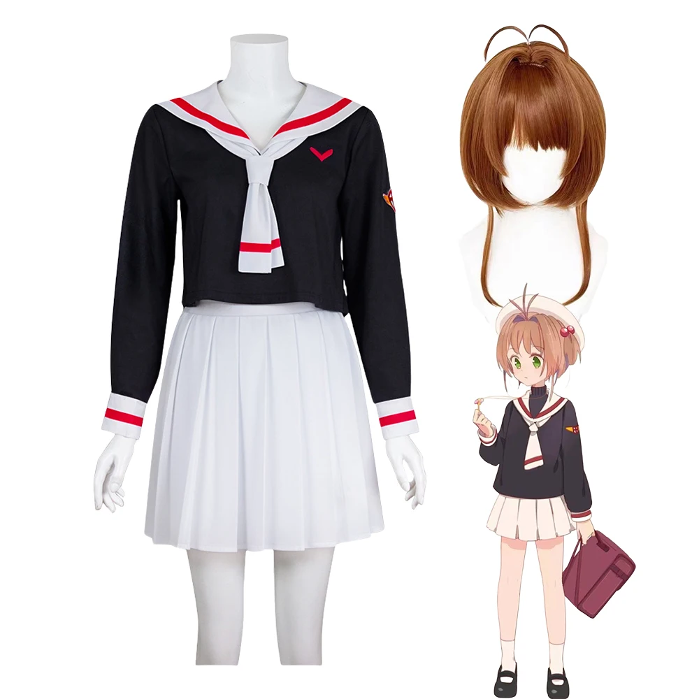 Kinomoto Sakura Cosplay Traje para Homens e Mulheres, Anime Card Captor, Peruca, Top, Saia, Uniforme Escolar, Trajes de Halloween