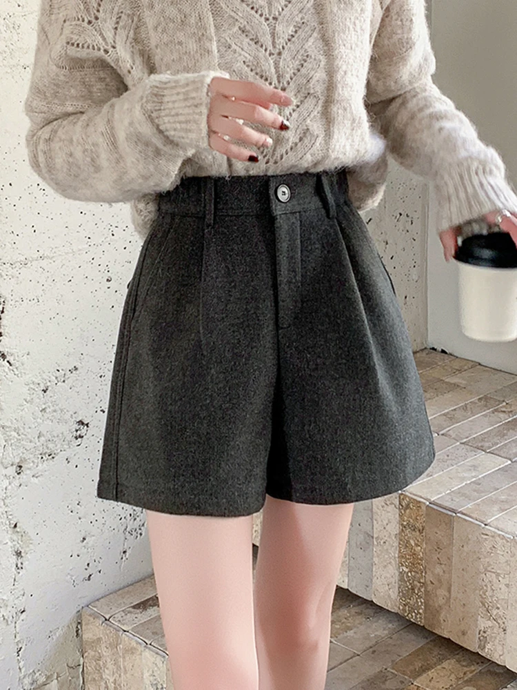 Vintage Woolen Winter Shorts Frau Elastische Taille Lose Breite Bein Booty Shorts Frauen Freund Büro Baggy Kurze Hosen Schwarz Grau