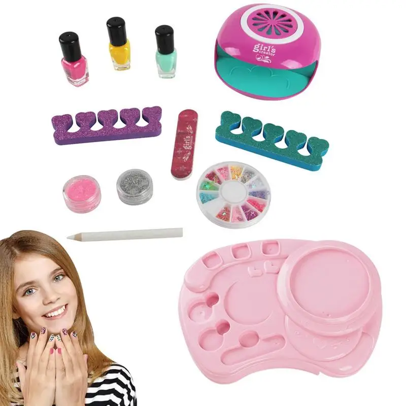 Crianças conjunto de verniz prego meninas conjunto de unhas com secador de unhas kit de arte do prego para meninas spa maquiagem kit menina fingir maquiagem brinquedos suprimentos de unhas