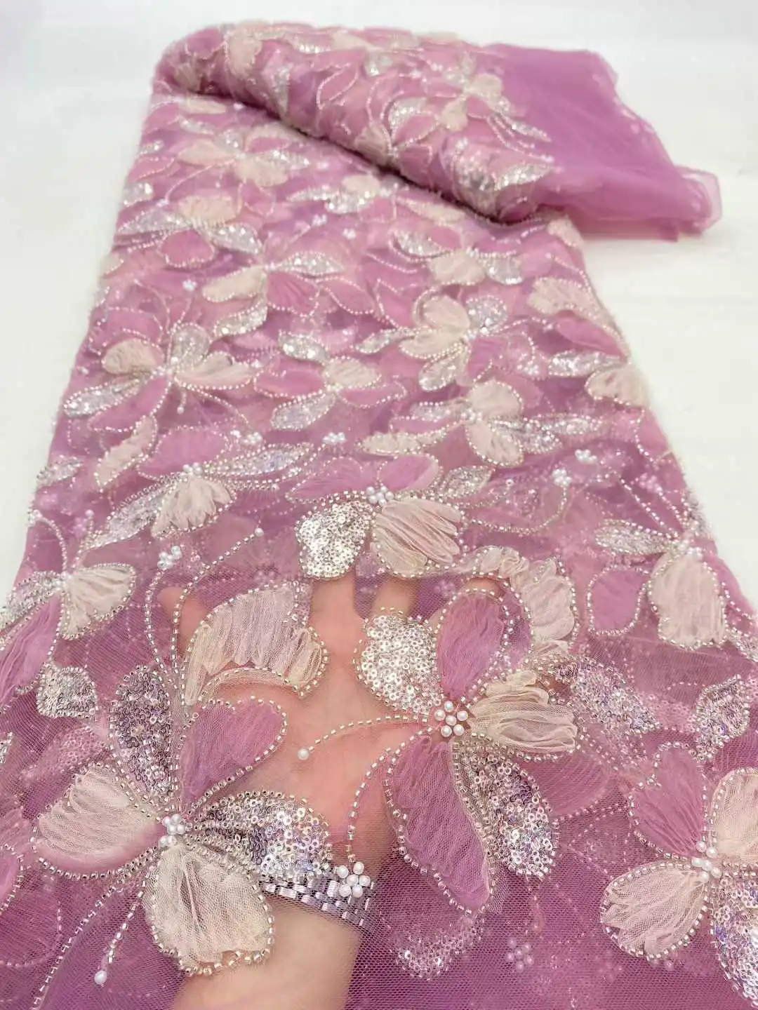 

African Fabric Fashion Hot Sale 3D Embroidery Sequins Lace with Beads Rich Nigerian Fabric for Evening Party Dress