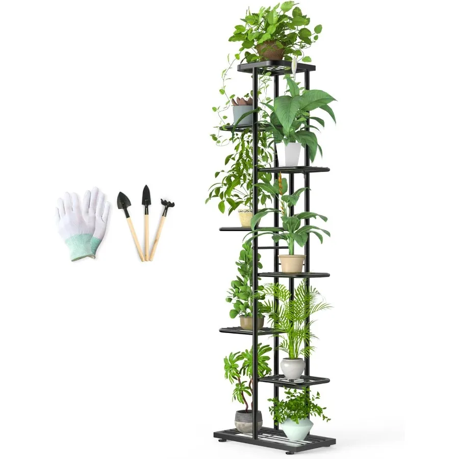

Угловая подставка для растений в помещении, 8-уровневая, 9 горшков, с садовыми инструментами и перчатками, улучшенная высокая металлическая полка для растений, органайзер для улицы, мульти