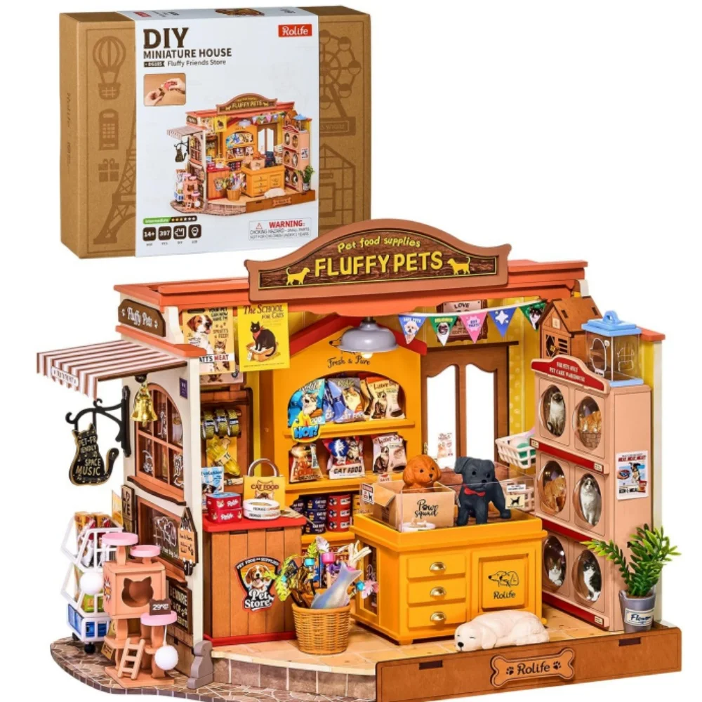 Rolife Pet Store DIY Miniatur-Puppenhaus-Set Fluffy Friends Store Holz-3D-Puzzle-Modell-Set Diorama für Heimdekoration