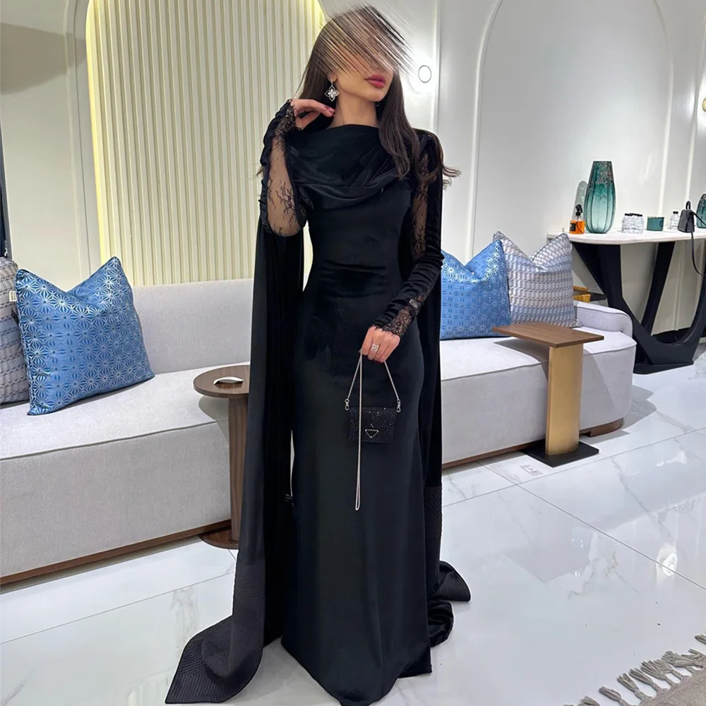 

Customized Ball Long Sleeve Lace Patchwork Illusion Straight Evening Gown O-Neck Black Sexy Elegant Prom Dresses فساتين مناسبة ر