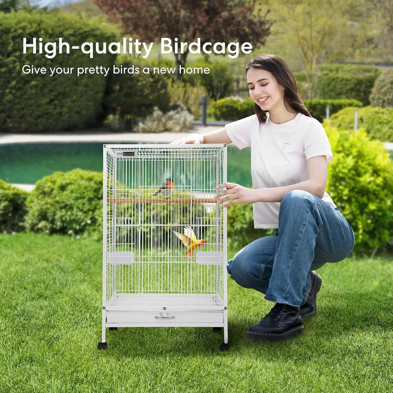 VIVOHOME 30 Inch Height Wrought Iron Bird Cage with Rolling Stand for Conures Lovebirds Cockatiels Finches, White