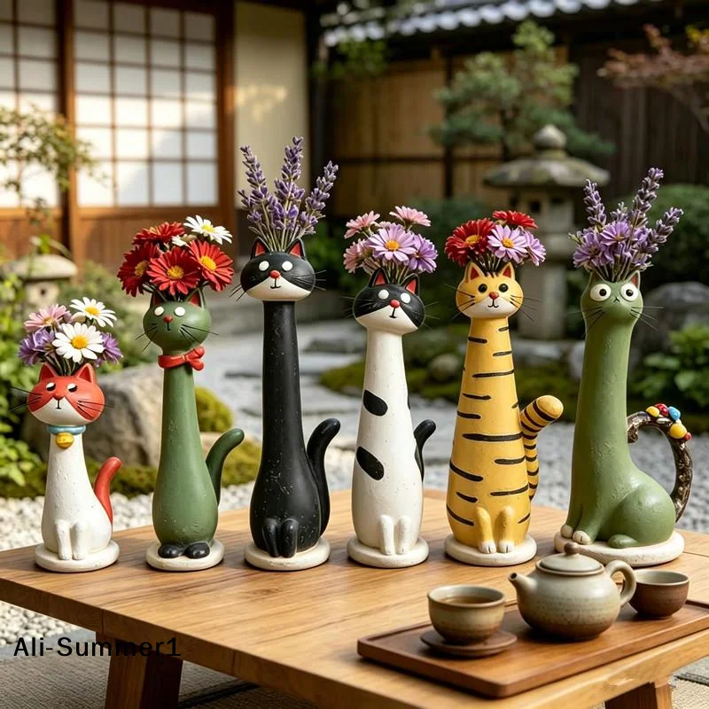 【E】Cat-Shaped Resin Vase, Cute Long-Necked Cat Flower Arrangement Ornament Home Desktop Floral Decoration Great Gift