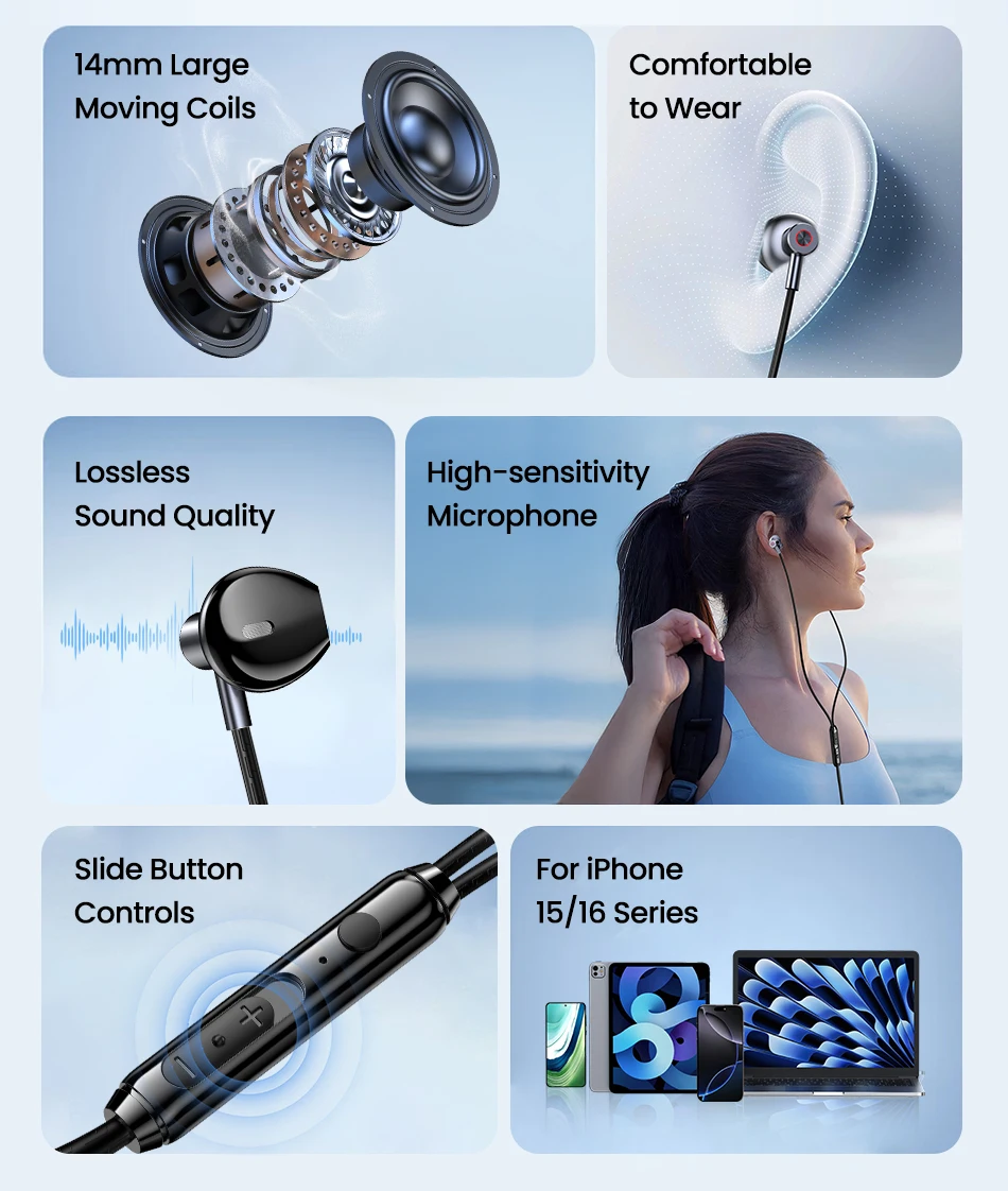 Rocoren USB Typ C Wired Kopfhörer In Ear Mit Mikrofon Stereo Ohrhörer Sport In-line Steuerung Für Xiaomi Samsung Wired Headset – Detail 3