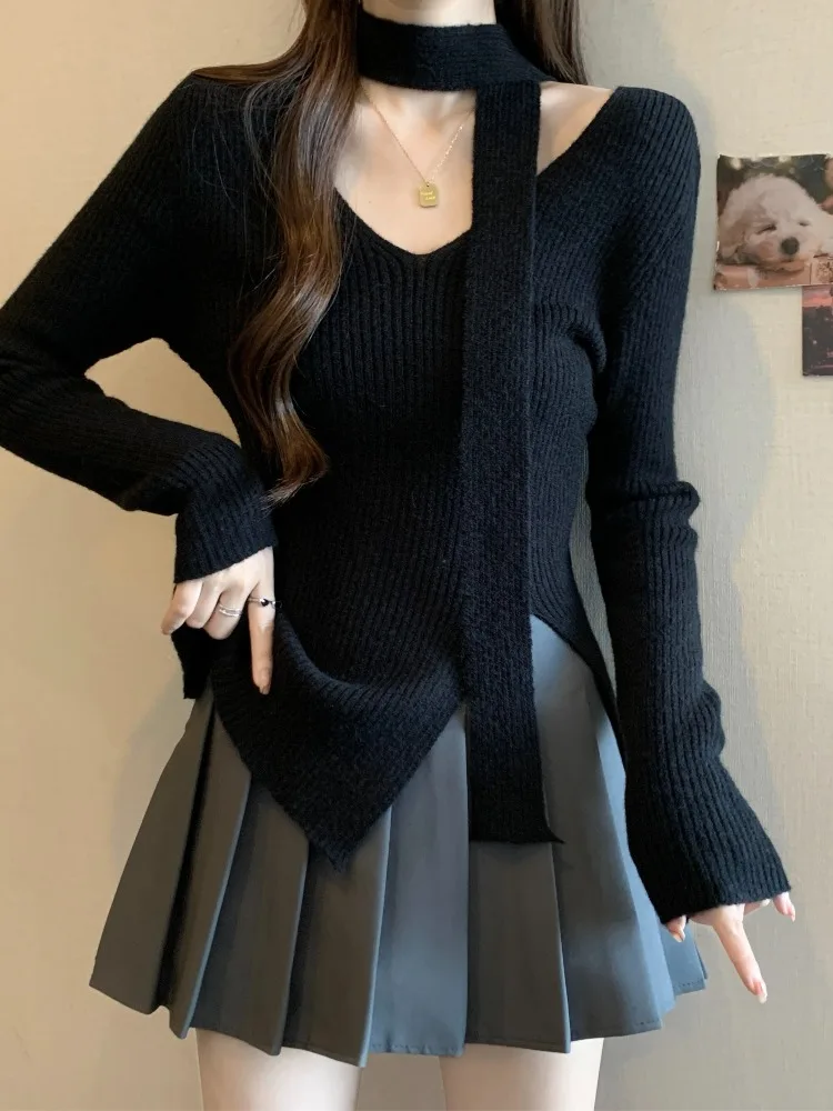 V-neck Ribbon Hanging Neck Knit Women Autumn and Winter Plus size Chubby Girl Slim fit Slimming Split Sweater Inner wear Base...