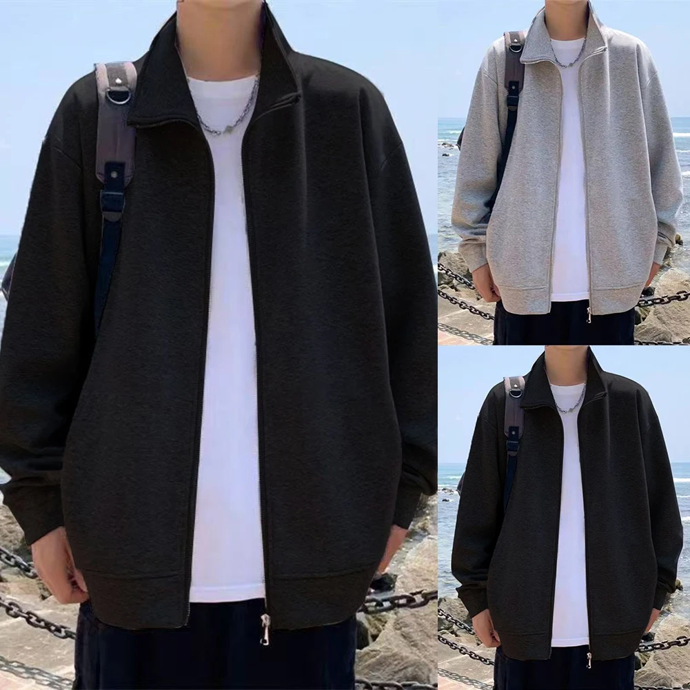 Men\\\'s Lapel Zipper Jacket Loose Fit Casual Sporty Open Cardigan Sweatshirt Coat for Daily Wear and Outdoor Activities