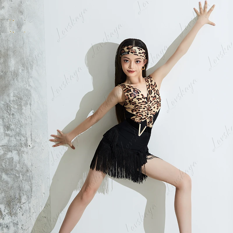 

Latin Practice Suit Performance Suit Girls Children Adult Clothing Leopard Print White Professional Dancer