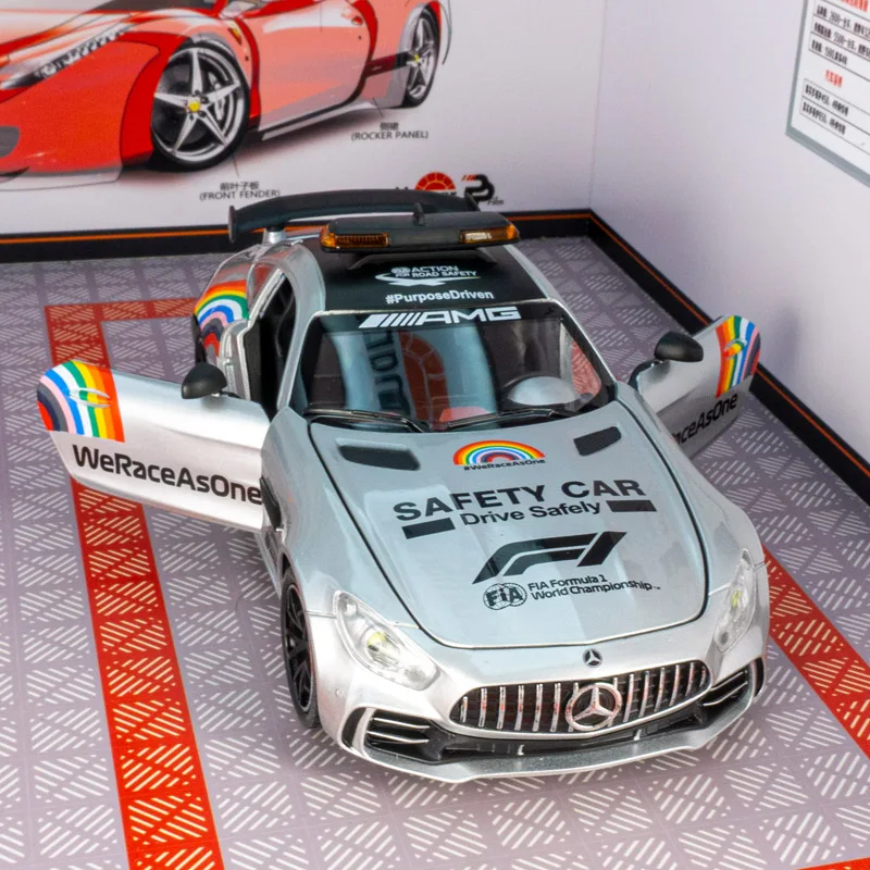 Coche de carreras de seguridad mercedes-benz GTR 1:24, vehículo fundido a presión de Metal, pasatiempos coleccionables, sonido y luz, juguete para niños