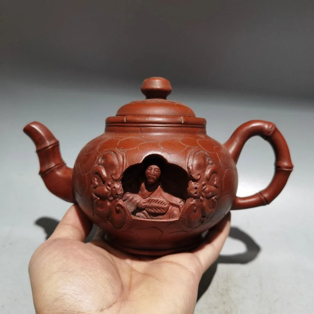 

7.8"China Yixing Zisha Pottery Red Clay 450CC HandMade Zhuge Liang Bamboo Teapot