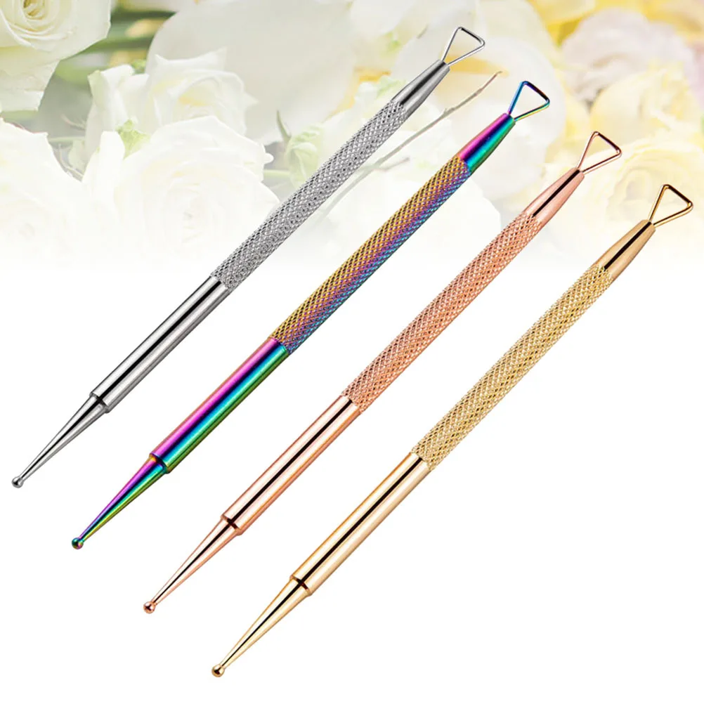 

4Pcs 2 in 1 Nail Art Pen with Triangle Cuticle Pusher and Dotting Tool for Gel Polish Removal Stainless Steel Manicure Tools