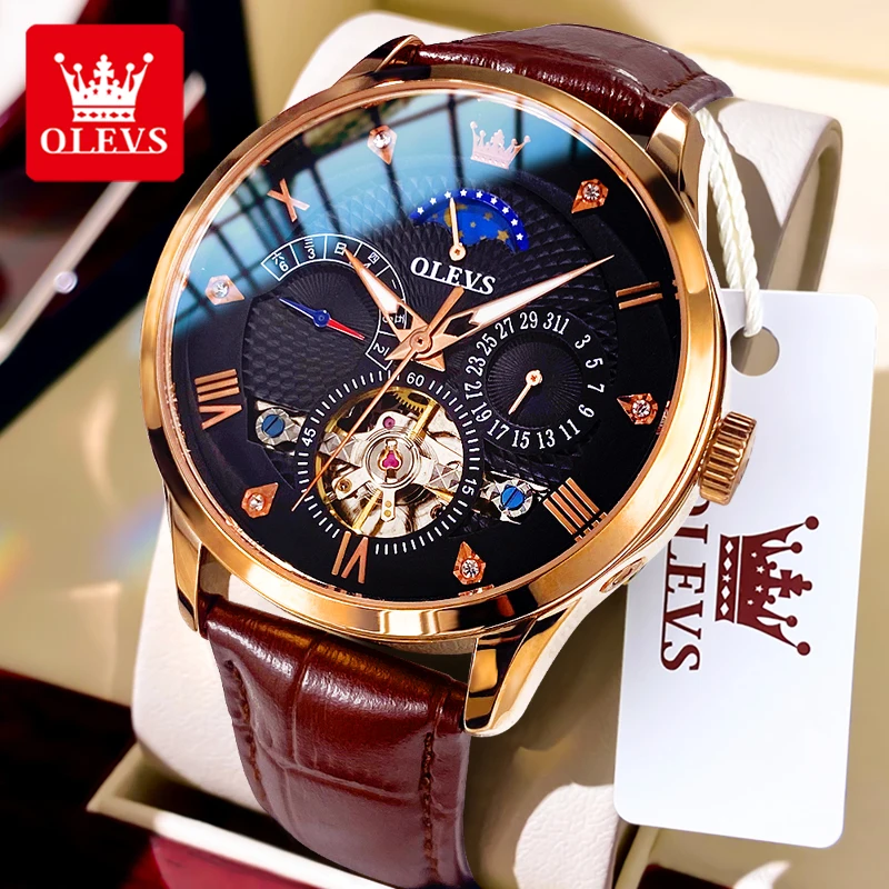 

OLEVS Skeleton Flywheel Original Mechanical Wristwatch for Men Fashion Leather Strap Moon Phase Man Watch Luxury Automatic Watch