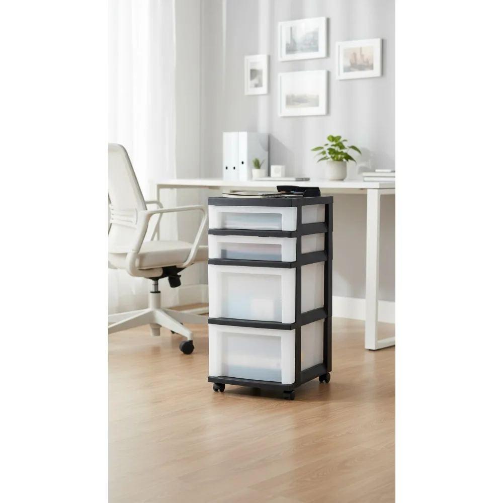 Carro de almacenamiento rodante de 4 cajones con ruedas, organizador de plástico para suministros artesanales, oficina, armario, negro/perla