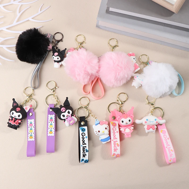 Hello Kitty Sanrio Kuromi Penguin Frog Dog Cat Cute Keychains with Fluffy Rabbit Fur Ball Women Girl Bag Pendant Keyring Gifts