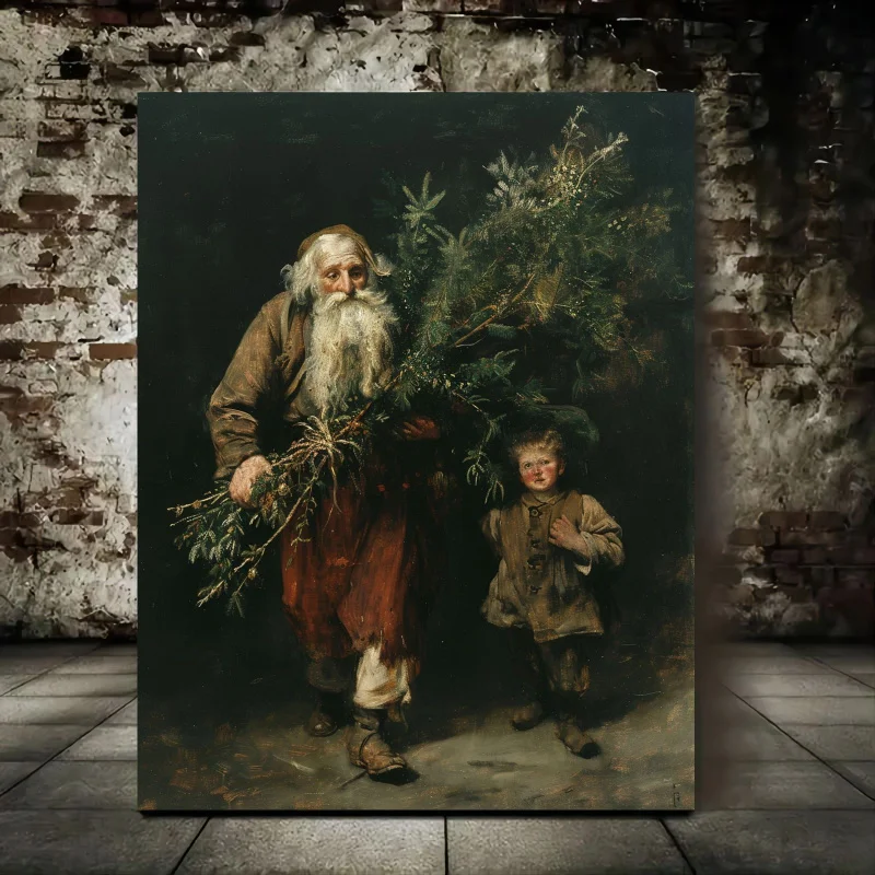 Festive Christmas Decorative Paintings Canvas: an Old Man with a White Beard Carrying a Tree, Assisted by a Young Boy, Perfect