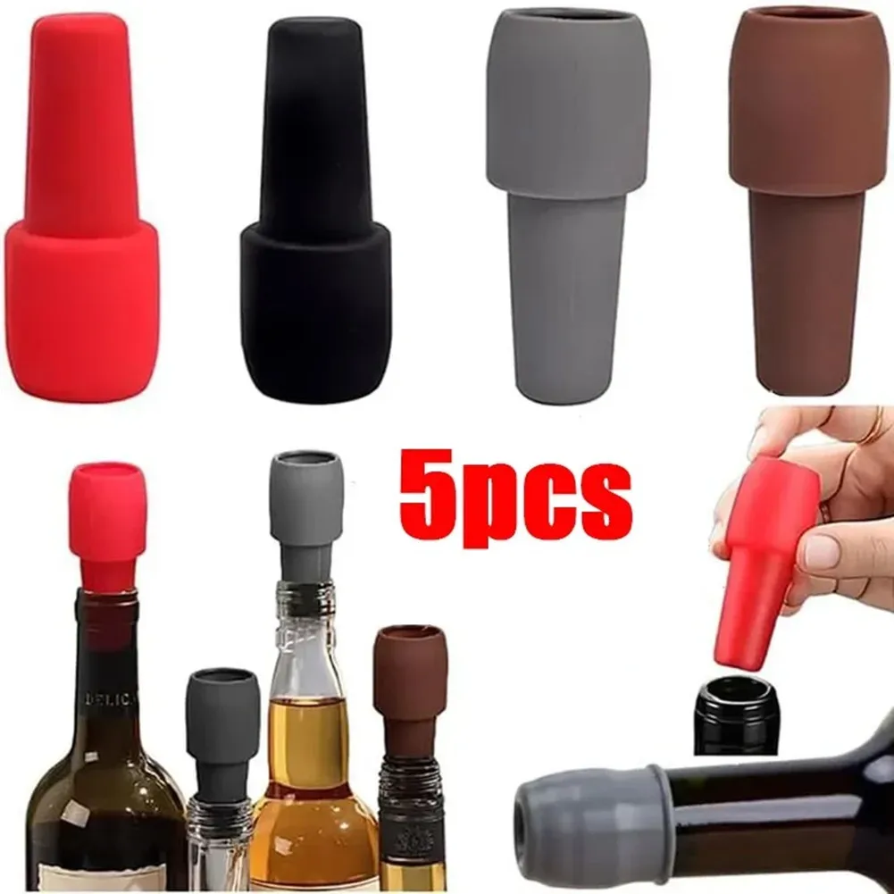 5pcs Soft Silicone Wine Bottle Stopper with Double Seal for Freshness Kitchen Tool for Most Standard Wine Bottles
